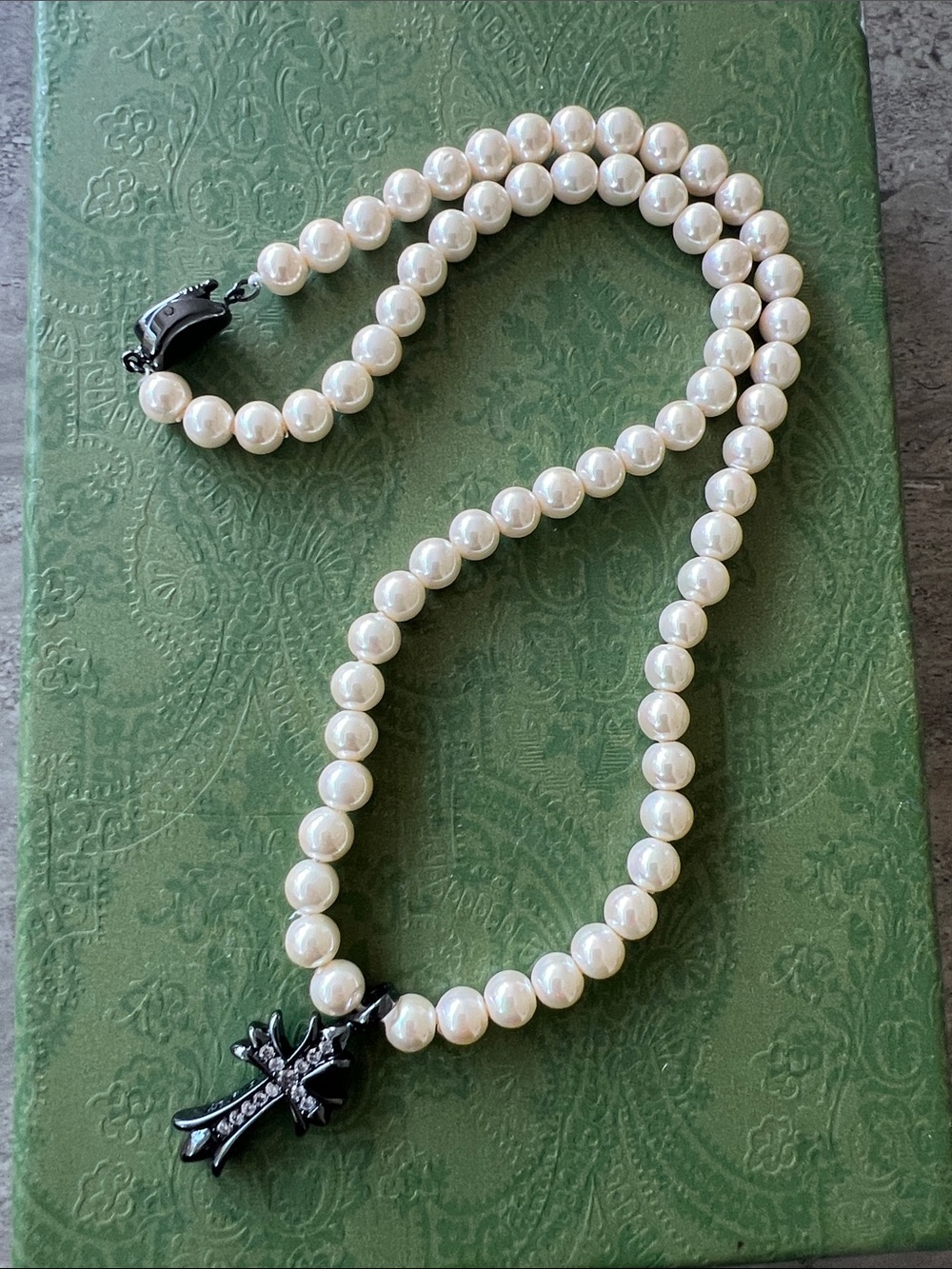 Pearl Bead Necklace with Black Chrome Cross Pendant  Pearls unisex
